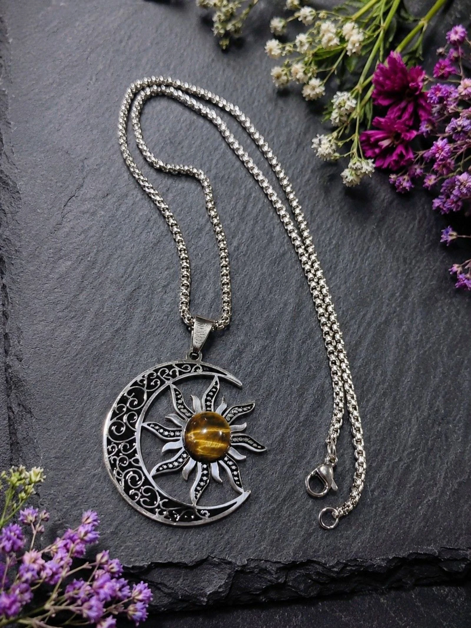 Moon and sun steel pendant with tiger's eye stone – photo 2